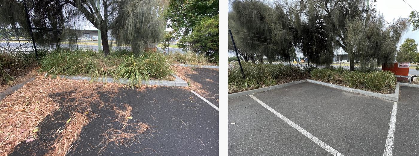 Car park bays and garden edge, before and after